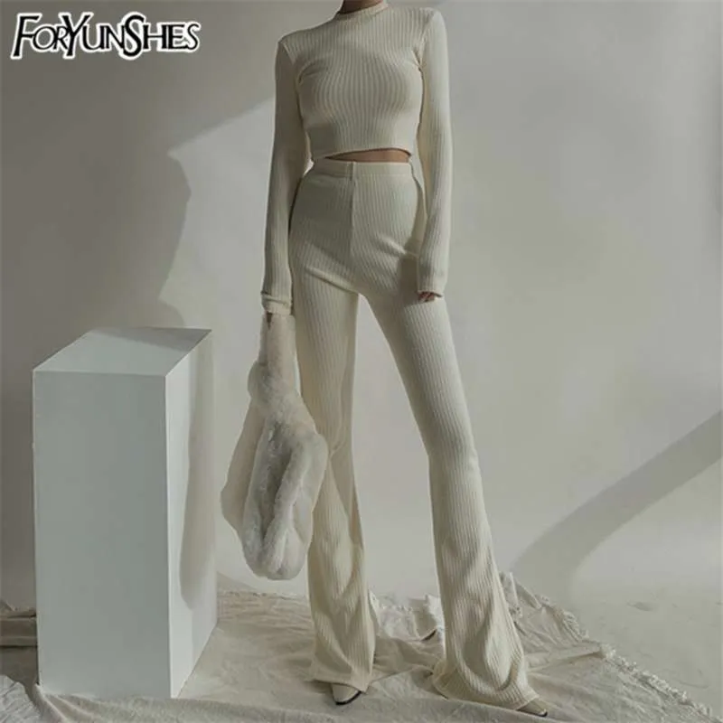 FORYUNSHES Knitted Two Piece Sweat Suit Set With Flare Pants And