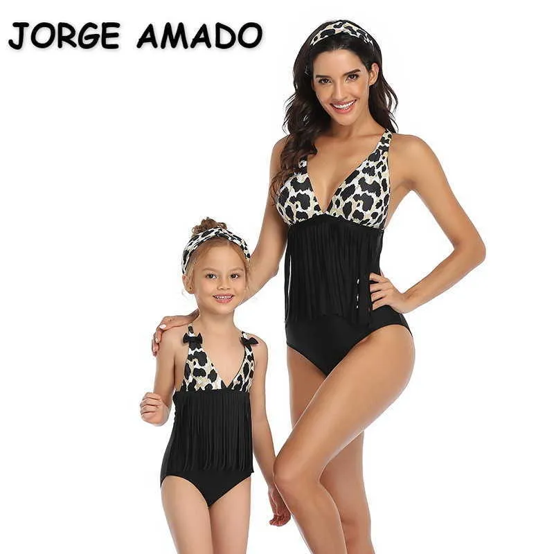 Summer Family Matching Swimsuit 2-pcs Sets One Pieces Bikini Leopard Stripe Swimming Trunks Mother Daughter E2007 210610