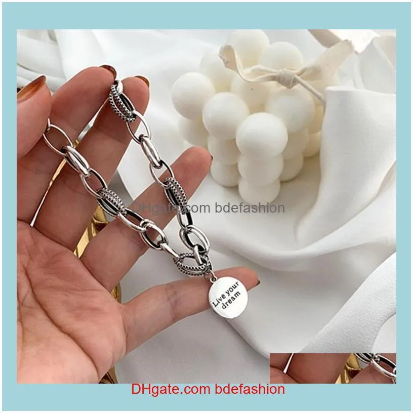 Charm Bracelets Sterling Korean Love Heart Pendant Bracelet Retro Thick Chain Round Letter Female Jewelry