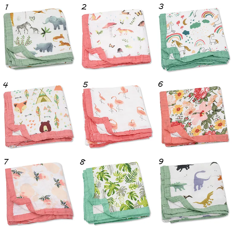 Couverture bébé emmailloter serviettes de bain pour bébé imprimé mousseline quatre couches bambou coton gaze serviette enveloppée par INS 27 modèles M3410