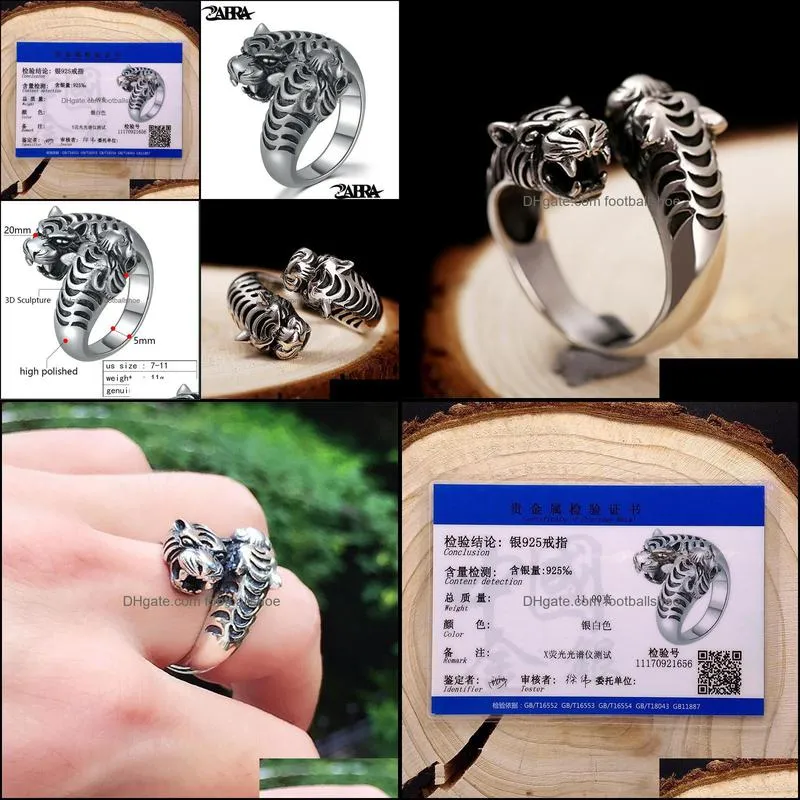 ZABRA 100% Real 925 Sterling Silver Big Opening Men Ring Vintage Black Two Tigers Head Punk Rock Gothic Style Silver Men Jewelry Y1128