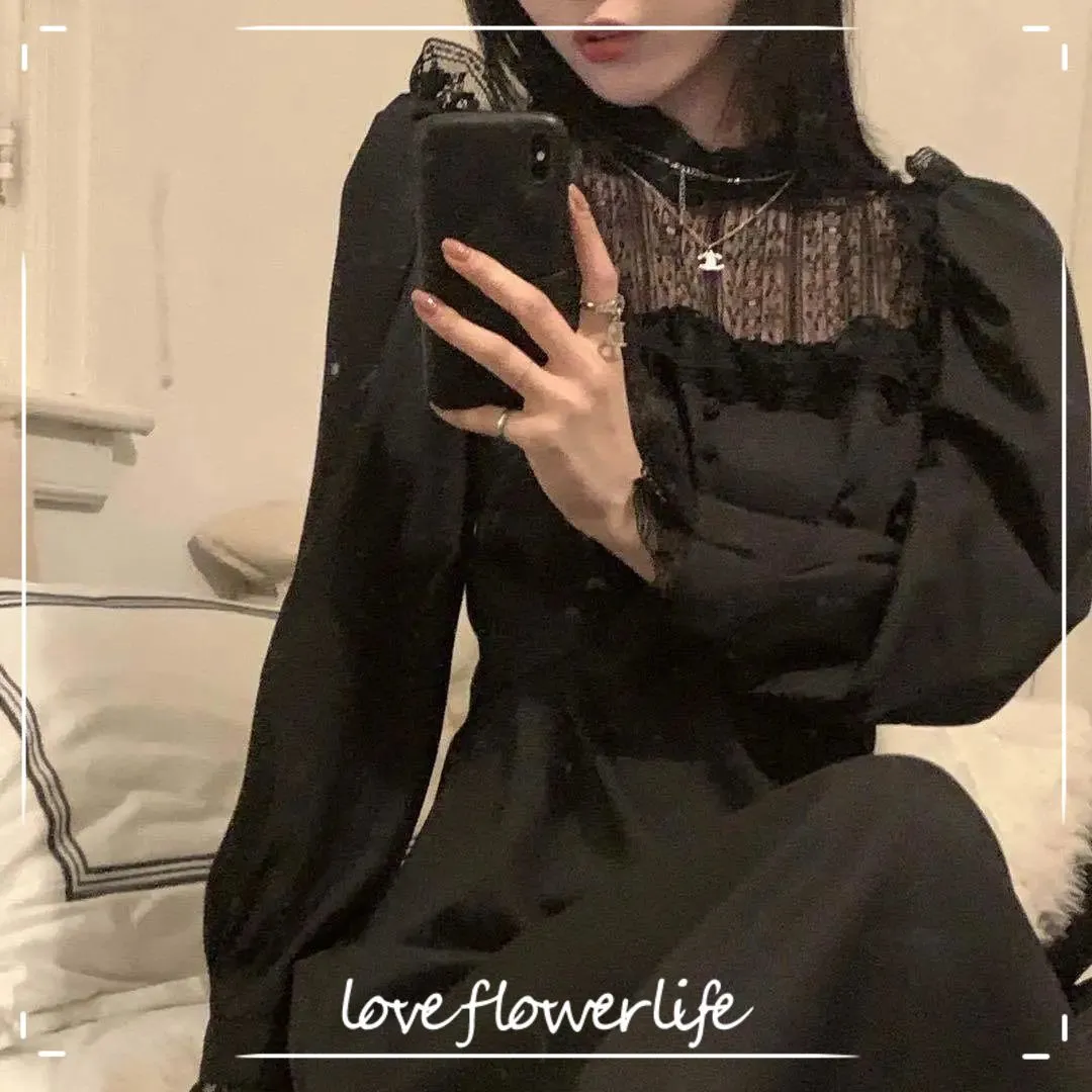 Gotik Siyah Elbise Kadın Bahar Rahat Dantel Uzun Kollu Elbise Kore Akşam Parti Zarif Midi Elbise Kadın 210521