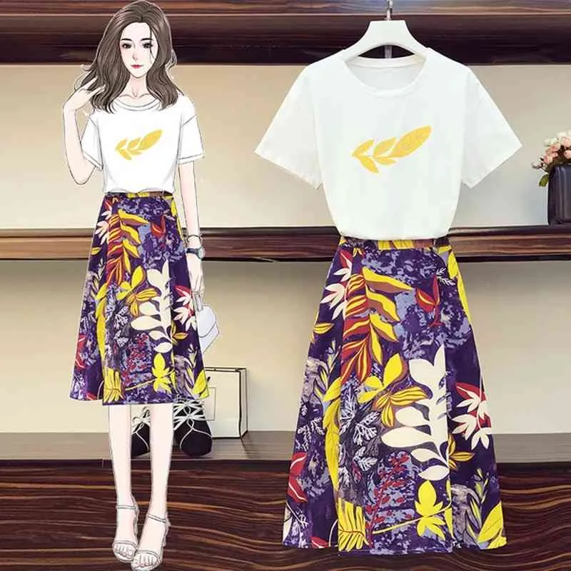 L-5XL Plus Size Runway Women Skirt Suits Summer white black Leaves Print T -Shirt Loose Tops + Hight waist Chiffon Long Skir 210514