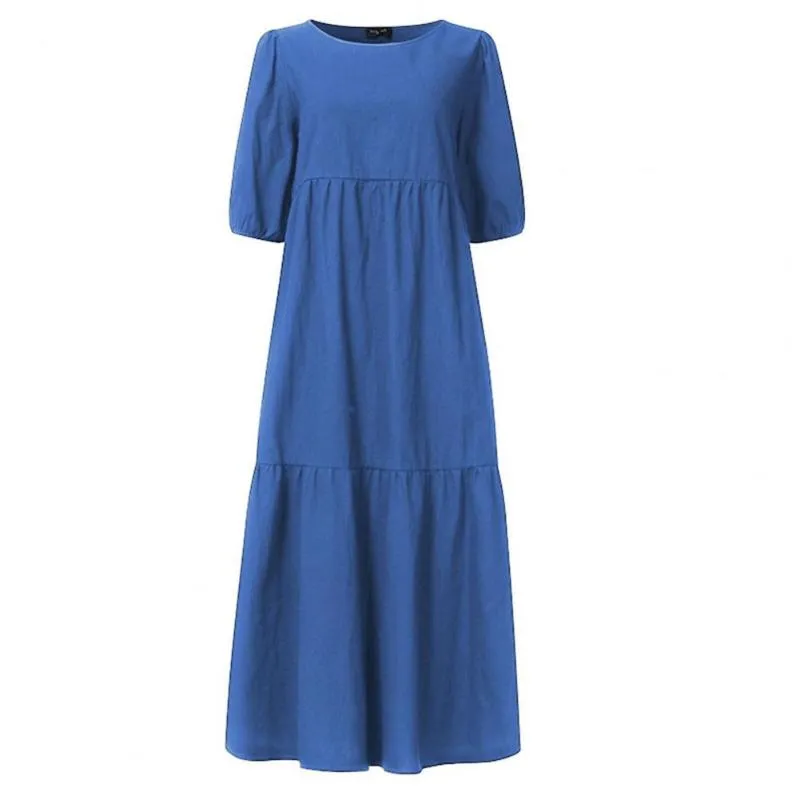 Повседневные платья стильные MIDI платье хлопок-льна сплошной цвет удобный с коротким рукавом