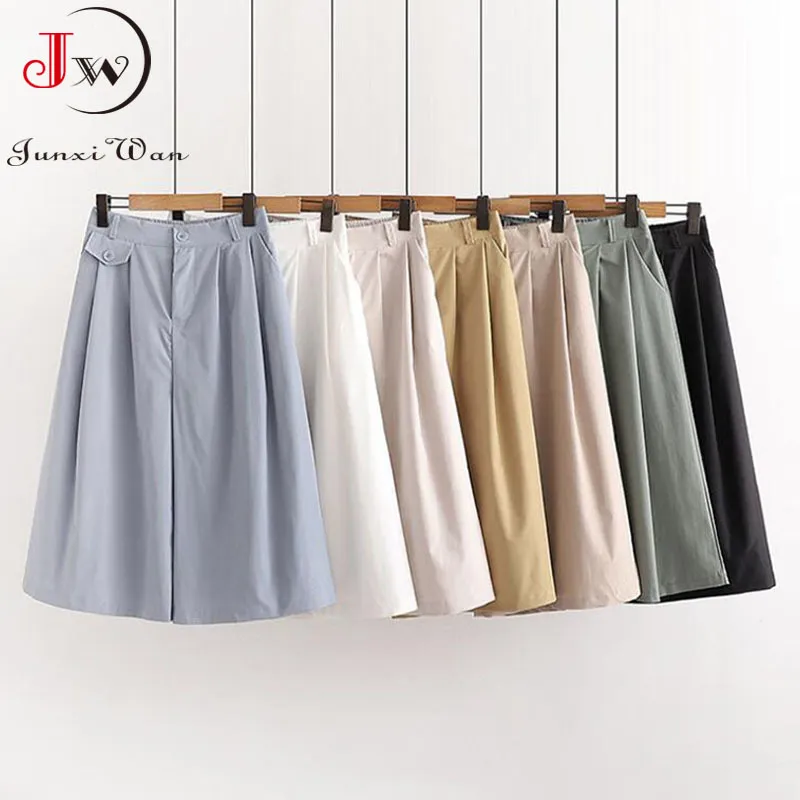 Kvinnor sommar solid brett ben kort byxor elastisk midja lösa koreanska casual knä längd shorts kjolar tjejer midi byxor 210510