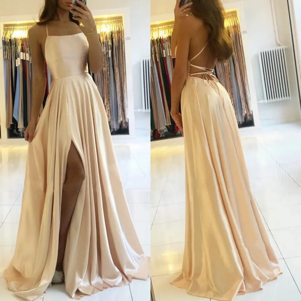 Sexy longo vestidos de baile criss-cruz de volta doce cor seda elástica como cetim espaguete cinta fenda noite jantar jantar data vestidos