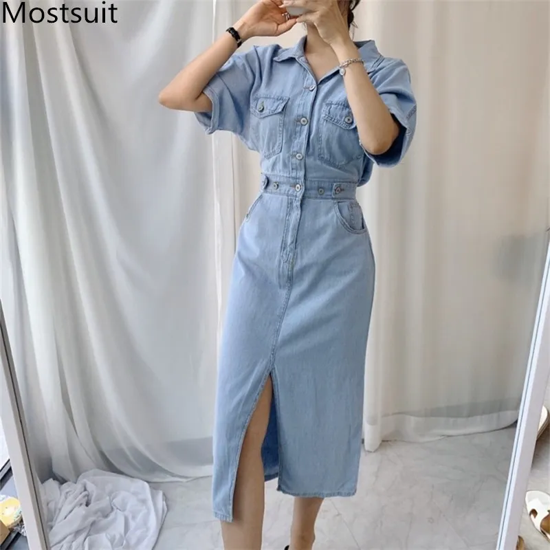 Autumn Blue Korean Denim Long Dress Women Short Sleeve Single-breasted Elastic Waist Splitting Dresses Vestidos Femme 210518