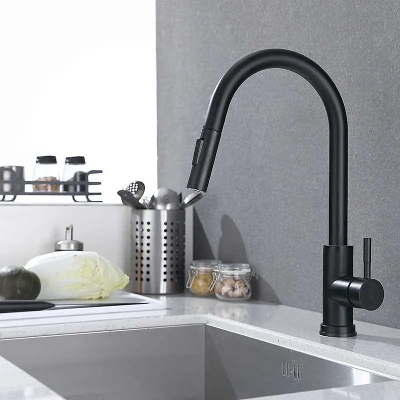 Matowy Czujnik Czujnik Kitchen Kitchen and Cold Rotating Spring Kitchen Faucet Household Smart Indukcja Mieszane Tap 210724