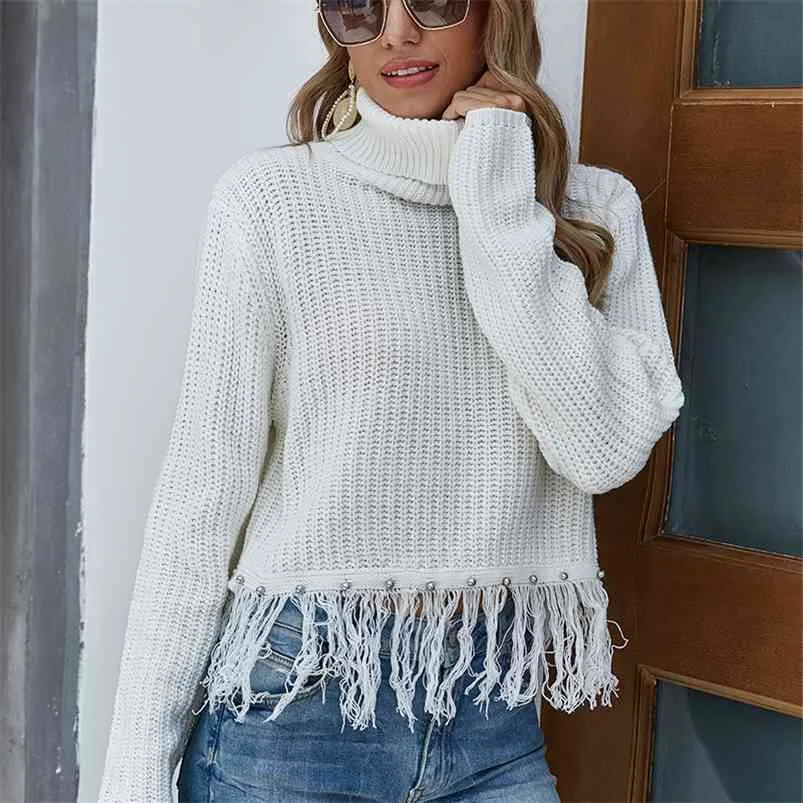 TASSEL Beaded Turtleneck Vit tröja Pullovers Kvinnor Stickad Hollow Out Beskuren Jumper Höst Vinter Vintage Toppar 210427