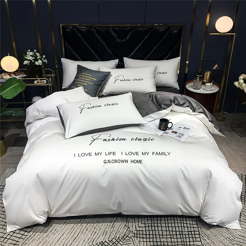 Bedding Set Letters Colorful Embroidery Gray Duvet Cover Queen King 220x240 Bedclothes Bed Sheet