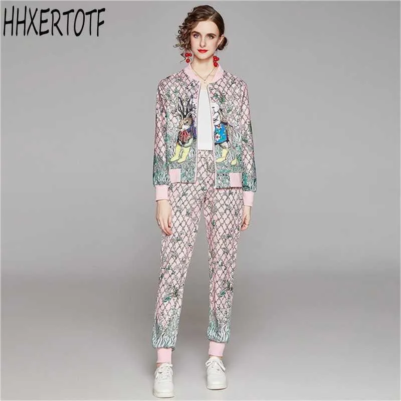 Herfst Winter Runway 2 Stuk Womens Sets Vintage Floral Print Collar Lange Mouwen Top Jas Jas + Pant Suits Outfits 210531