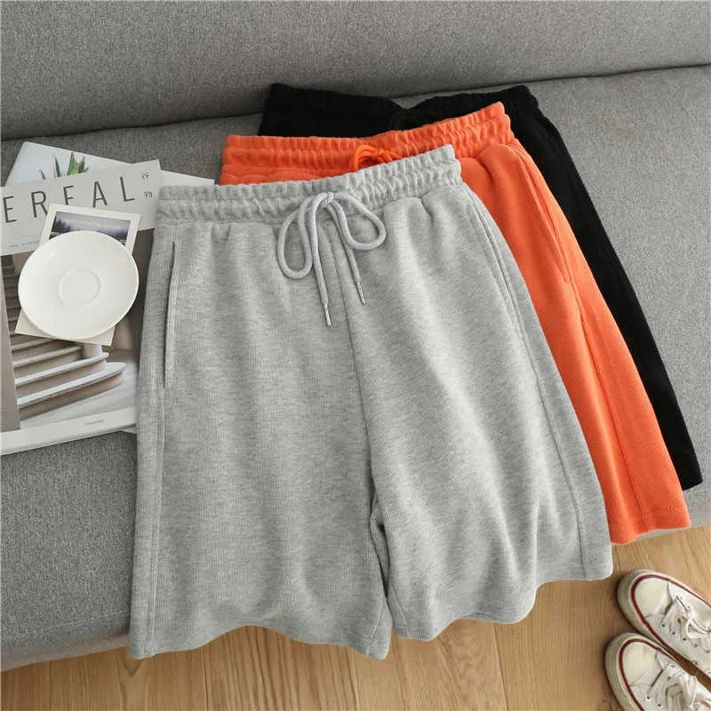 Pantalones cortos de sudor para mujeres Deporte Casual Elástico Cordón Alto Cintura Sweatshorts Baggy Soft Cotton Bottoms Ropa de verano Moda 210611