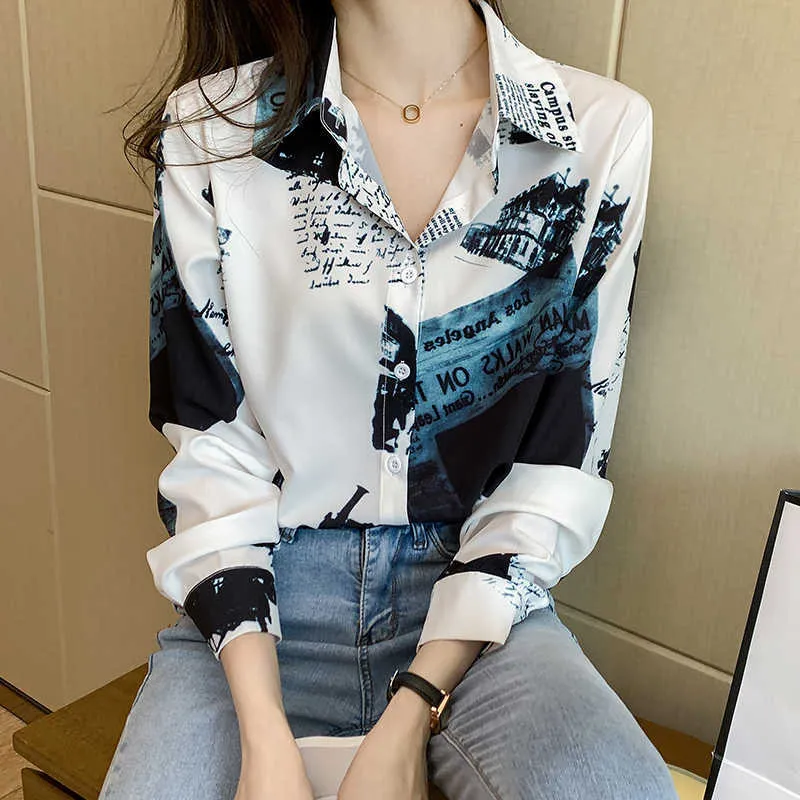 Moda blusa de manga larga estilo inglaterra oficina dama elegante camisa de impresión blusa mujeres botones sueltos top blusa 210604