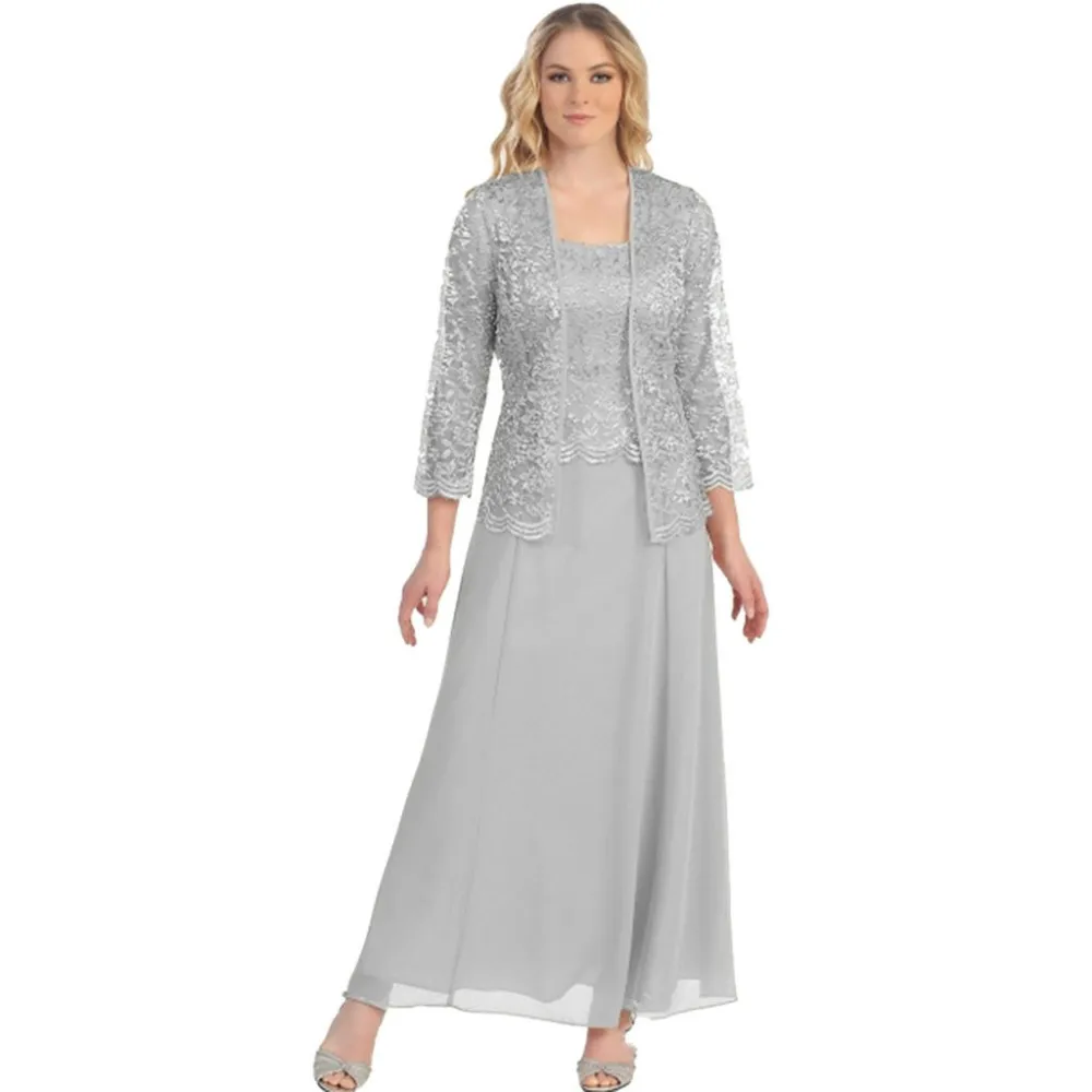 Elegant silver två bit formell mor av bruden klänningar kostymer med jacka spets chiffon lång afton klänning full ärm bröllop gästklänningar brudgum mödrar bär 2021