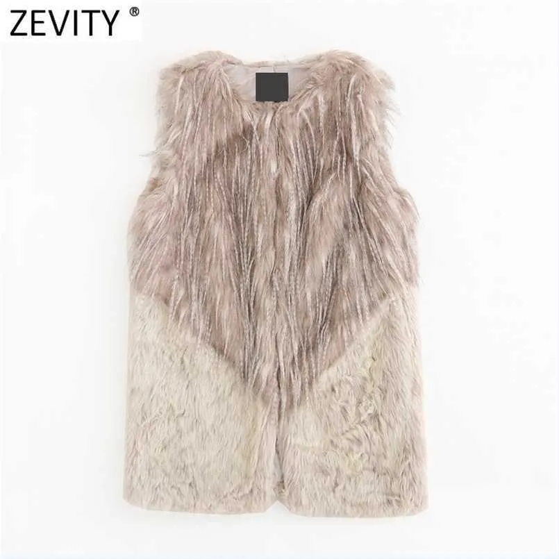 Zevity Women Fashion Ärmlös Färg Matchande Faux Fur Patchwork Vest Jacket Ladies Casual Waistcoat Chic Outwear Toppar CT743 211101