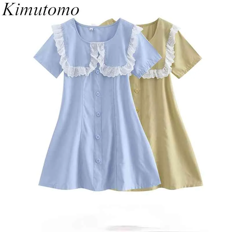 Kimutomo Tatlı Japon Tarzı Elbiseler Kadınlar Peter Pan Yaka Tek Göğüslü Kısa Kollu Zayıflama Mini Vestido Düz Renk 210521