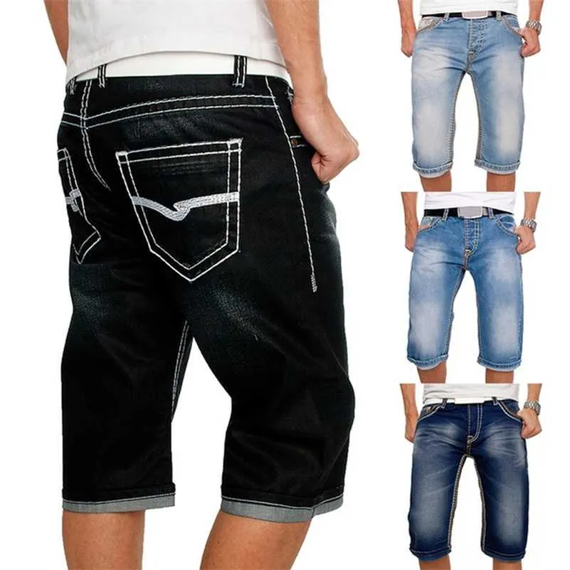 Men Jeans Shorts Summer Casual Straight Denim Shorts Streetwear Male Loose Knee Length Loose Jean Pants Black Blue Pocket 211011