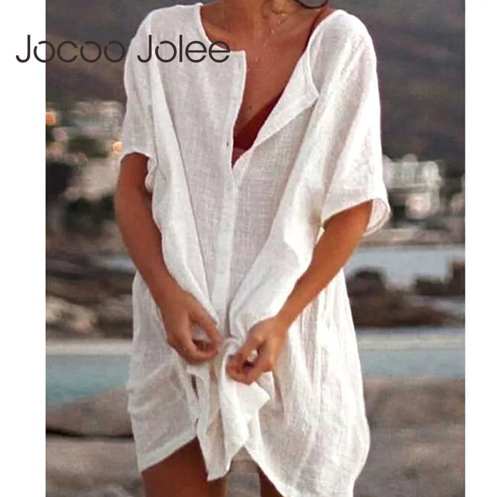 Jocoo Jolee kobiety luźne okrągły szyję solidne pół guziki pół rękawów Summer Casual Bluzka Podstawowe biuro Plaży T-shirty plus rozmiar 210619