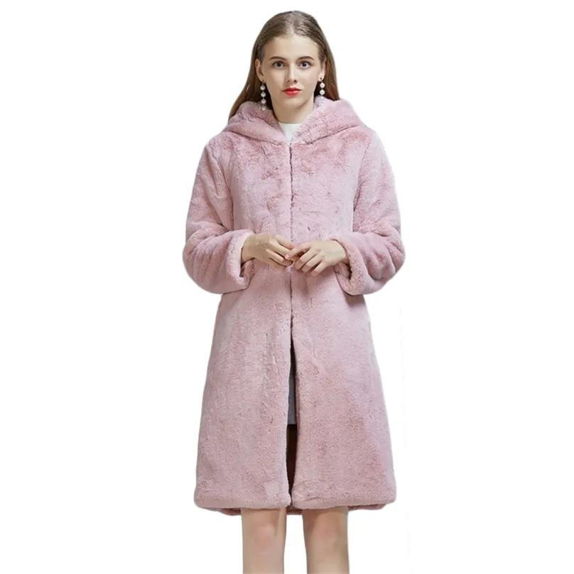 毛皮のコートの女性の皮のピンクM-5xlプラスサイズのフード付きの冬のファッション長袖スリム厚い暖かさのファックスジャケットLR1001 210531