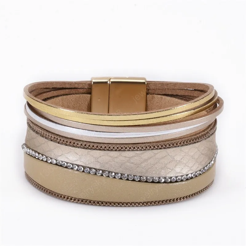 Mode multilayer pu läder armband magnetiska spänne armband boho stil breda wrap armband kvinnliga smycken för kvinnor