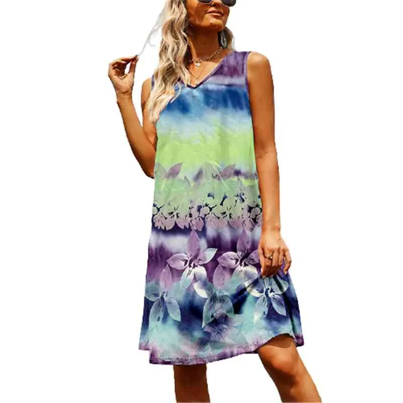 Kadın Kravat Boya Çiçek Baskı Elbiseler Rahat Kolsuz V Yaka Gevşek Büyük Salıncak Vintage Elbise Kadın Yaz Plaj Sundress 210507