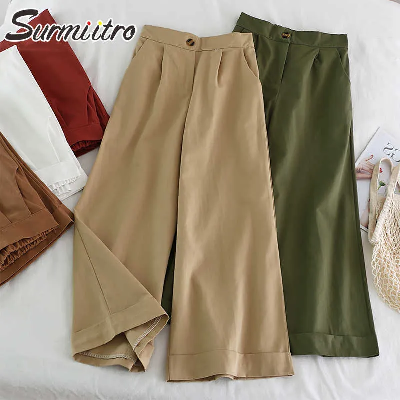 Surmitro koreański styl szerokiej nóg spodnie kostki kobiety wiosna lato czarny zielony khaki kobiece spodnie wysokiej talii spodnie femme 210712