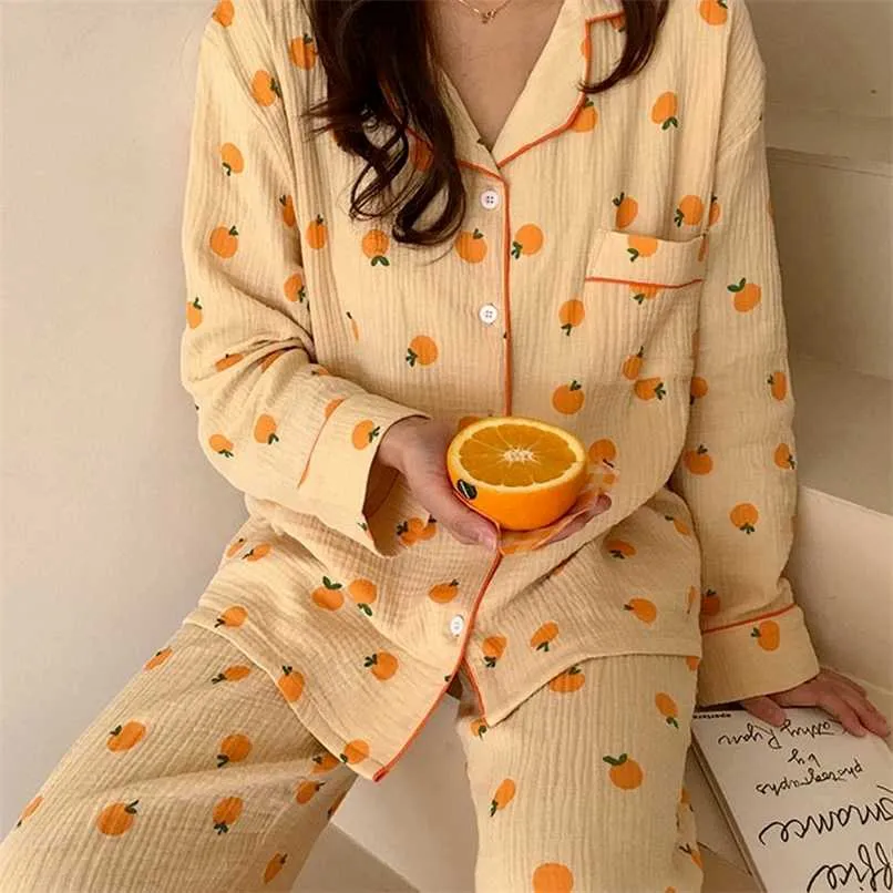 Algodão Casa Ternos Coreanos Sleepwear Cópia Laranja Pijamas Para As Mulheres Outono Pijama Pijama Manga Longa 2 Piece Set PJS Drop 211112