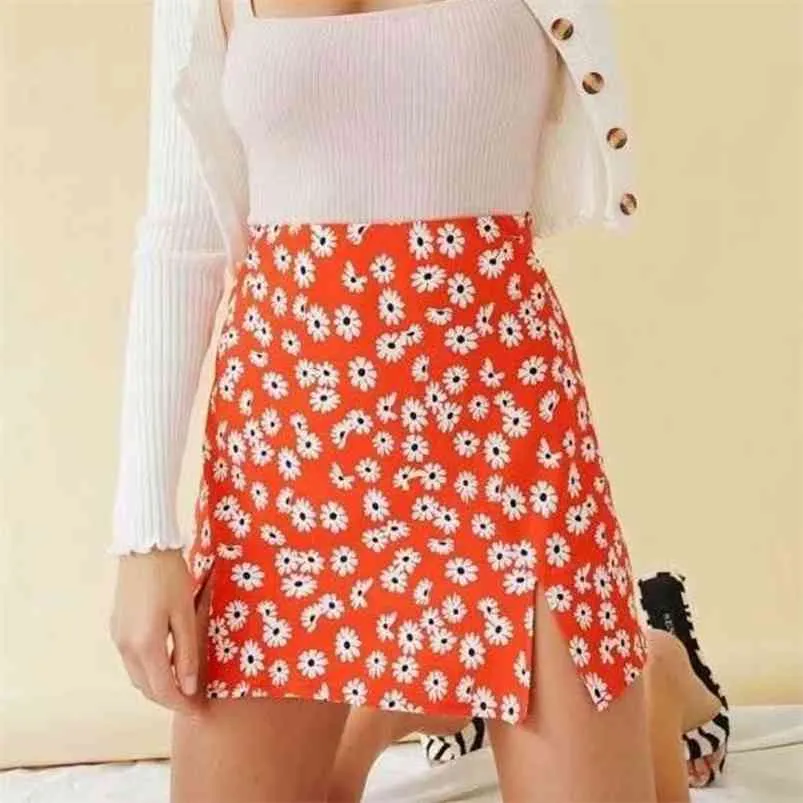 Wysoka talia Daisy Drukuj Boho Mini Slit Spódnica Kobiety Chic Streetwear Orange A-Line Kwiatowy Czeski Faldas Mujer 210427