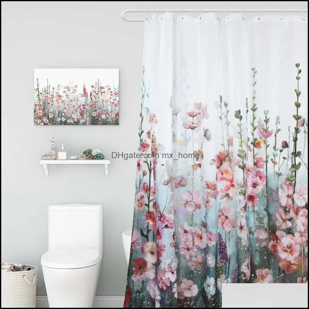 Flowers Fabric Shower Curtains for Bathroom Curtain Set with Hooks Rings Waterproof Bath Curtain White Pink Grey Purple 72x72 A0601