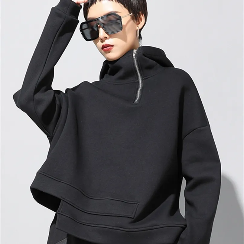 [EAM] Loose Fit Asymmetrical Oversized Sweatshirt Hooded Long Sleeve Women Big Size Fashion Spring Autumn 19A-a527 220308