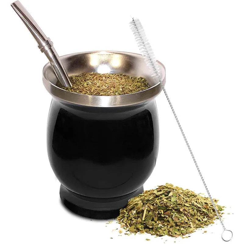 Mugs Yerba Mate Natural Gourd/Tea Cup Set 8 Ounces Bombillas Straw,Cleaning Brush,Stainless Steel,Double-Walled,Easy Clean