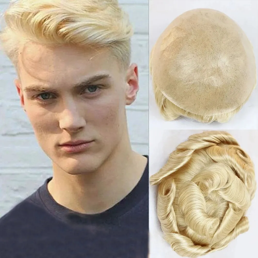 Blonde # 613 V Boucle Peau Thin100% Remy Cheveux Humains Toupet Vague Platine Postiches Durable 8x10 "60 # Gris Remplacement Pour Hommes Perruques