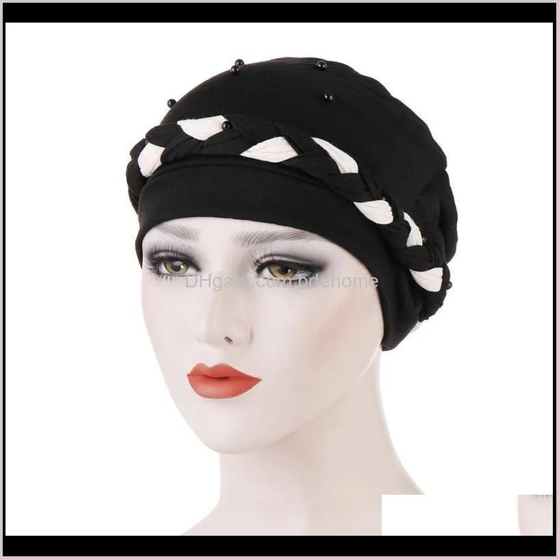 new casual turbans for women pearls decor femme musulman headscarf turban cap single braid caps for female1