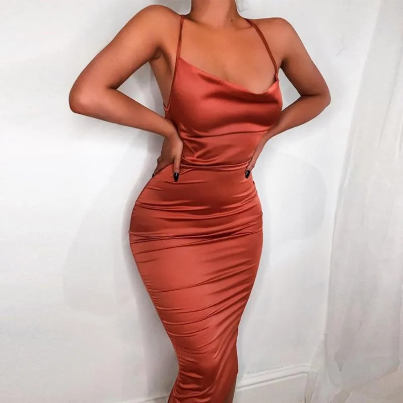 Satin Lace Up Dress 2021 Summer Women Bodycon Long Midi Sleeveless Backless Elegant Party Outfits Sexy Club Clothes Robe Casual Dresses