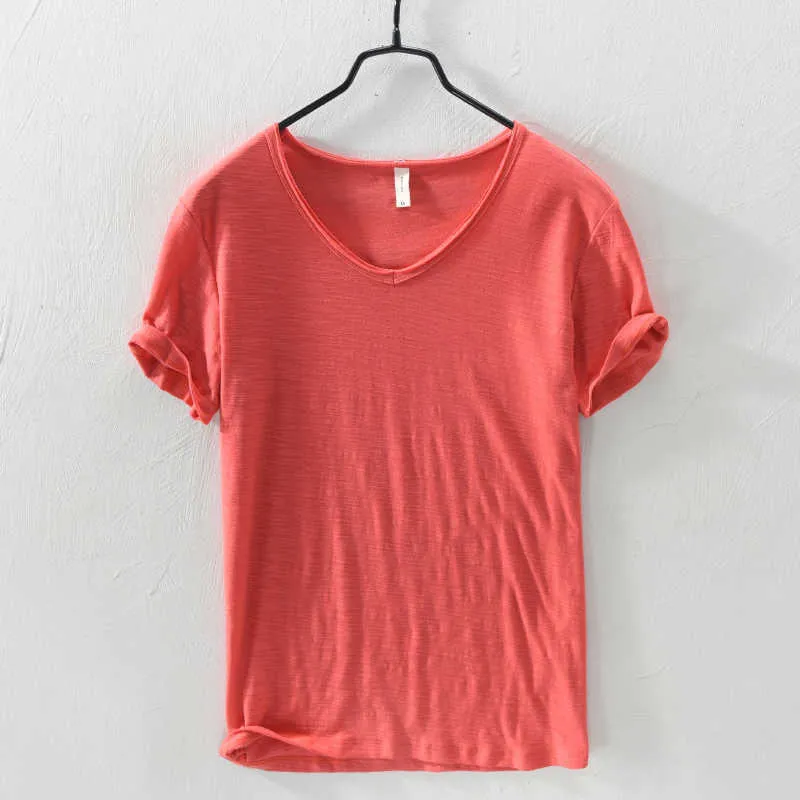 Summer 100% Cotton T-shirt Men V-neck Solid Color Casual T Shirt Basic Tees Plus Size Short Sleeve Tops Y2449 210706