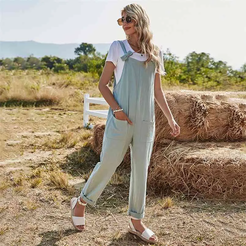 Jumpsuit Total Kvinnor Casual Strap Ärmlös Bow Pocket Loose Bomull Linen Blå Playsuit Vår Höst Femme Solid Lång Romper 210522