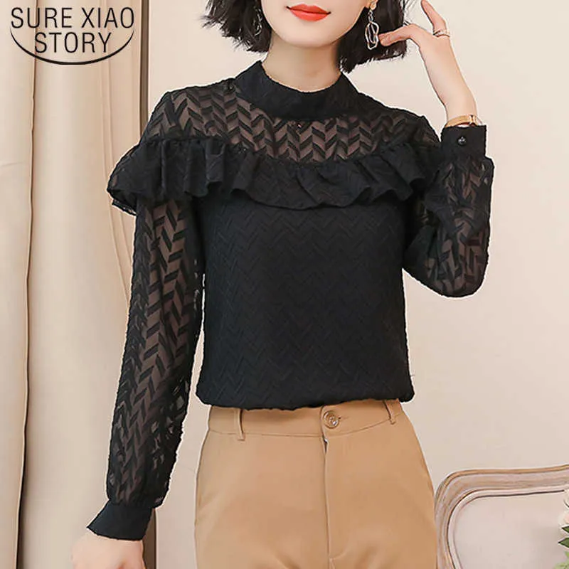 Primavera otoño camisa de onda coreana blanco negro sólido gasa manga larga blusas de mujer hueco floral mujeres tops 6544 50 210527