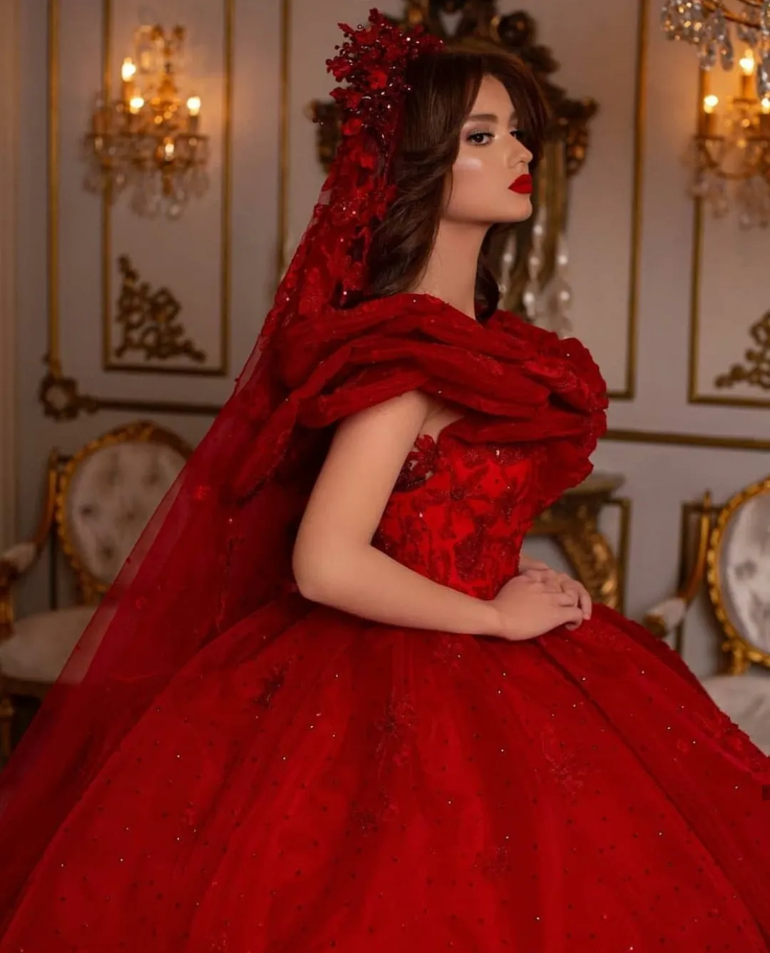 fitted lace wedding dress Red Floral Princess Dress Wedding Ball Gown 66878 Long Sleeve,High Nec –  Viniodress main image 1