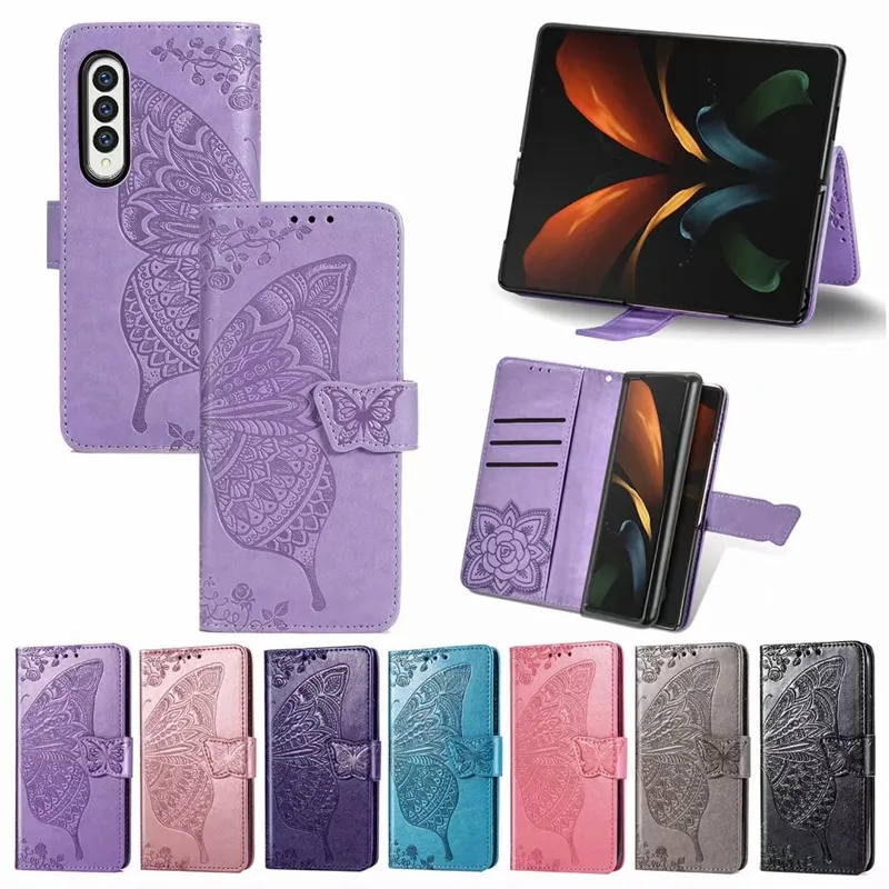 Fashion Butterfly Wallet Leather Cases For Samsung Galaxy Z Fold 4 3 Fold4 Fold3 Folding Imprint Lace Cute Flower Floral Holder Credit ID Card Slot Flip Cover Pouch