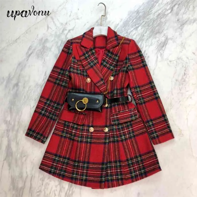 GRATUITA GRATUITAMENTE RED PLAID BLAZER Dress OL Style Fashion Bavero Doppio Bresed Cintura cintura in vita 210524