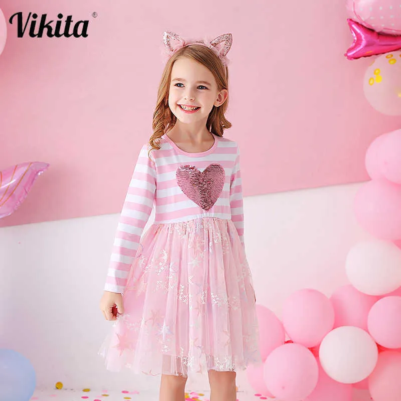 Vikita Girls Paski Sukienka Dzieci Księżniczka Sukienka Dla Dzieci Dzieci Serce Design Dresses Girl School Casual Nosić Dzieci Odzież Q0716