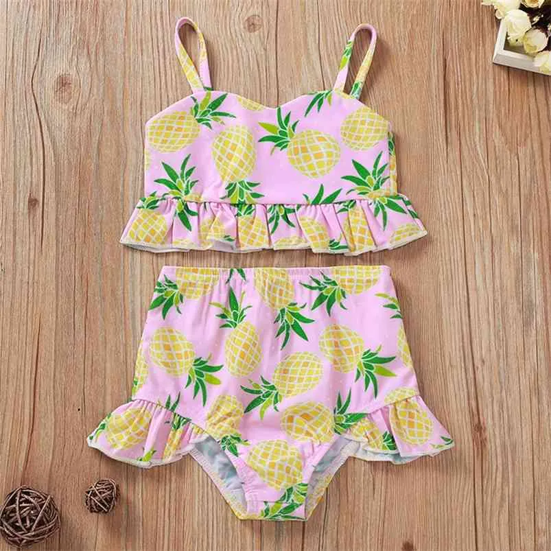 Summer Children Sets Casual Strap Ruffles Tops Print Pineapple Shorts Cute 2Pcs Girls Clothes 1-5T 210629