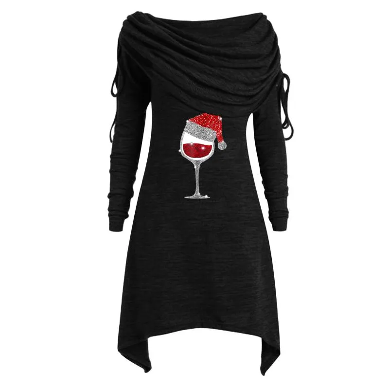 Casual Dresses 2021 Women Christmas ShirtSdress Autumn Winter Oregelbundna ruchade långa ärmar från axelblus Chiristmas Party Dress