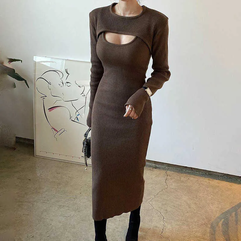 Winter Knit Maxi Dress Women Korean Fashion Two Pieces Shawl Cropped Sexy  Hollow Out Bodycon Evening Party Brown Dresses Woman Y1006 From 9