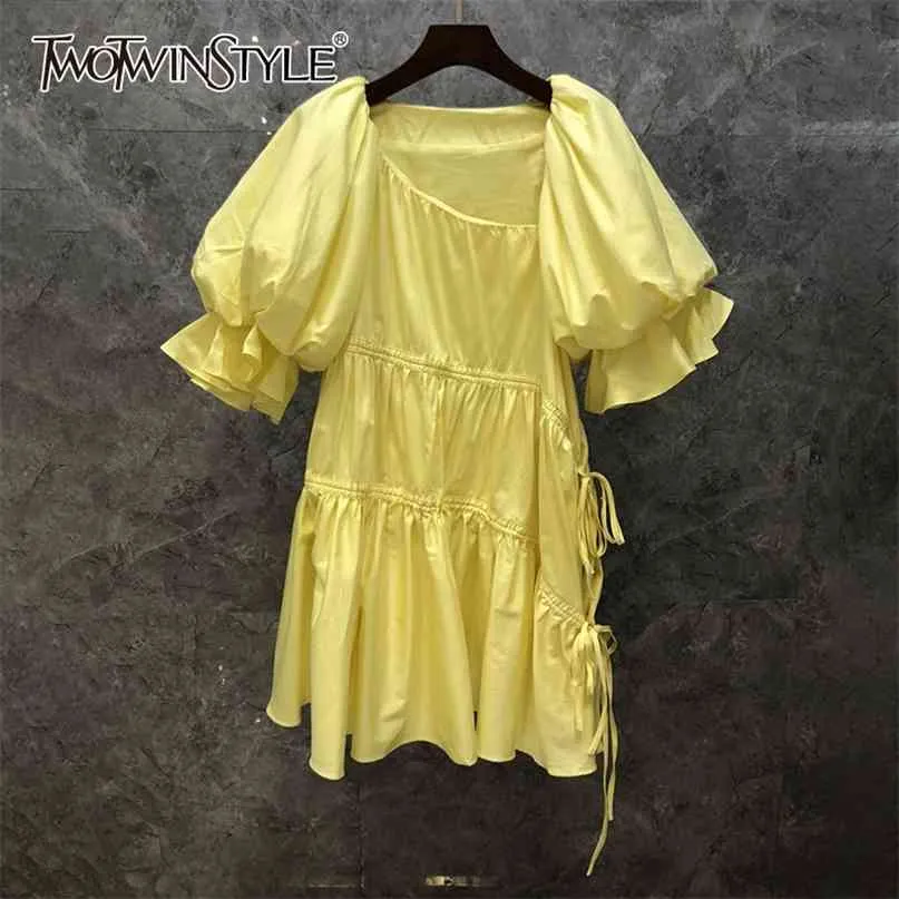 Yellow Dress For Women Diagonal Collar Puff Short Sleeve Patchwork Lace Up Elegant Mid Dresses Female Clothing 210520
