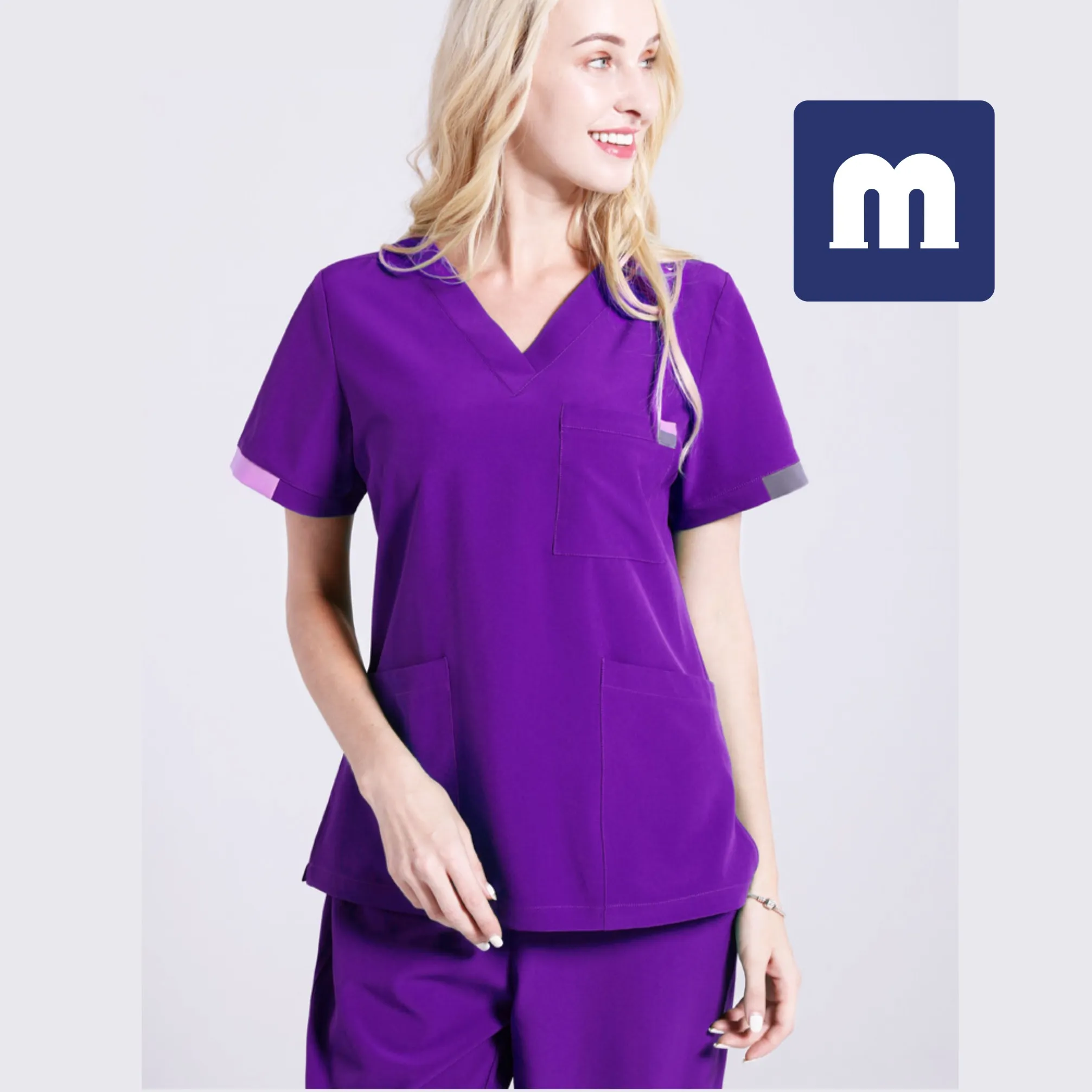 Medigo-076女性2ピースパンツ女性スクラブトップス+パンツ男性病院ユニフォーム手術スクラブシャツ半袖看護師ユニフォームペットグレイの解剖学医師のワークウェア