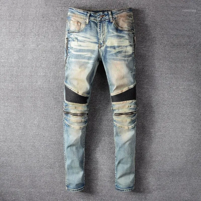 Herrjeans 2021 Vintage Punk Skarvad Herr Dragkedja Plisserad Designer För Motorcykel Blå Streetwear Slitna Byxor Byxor