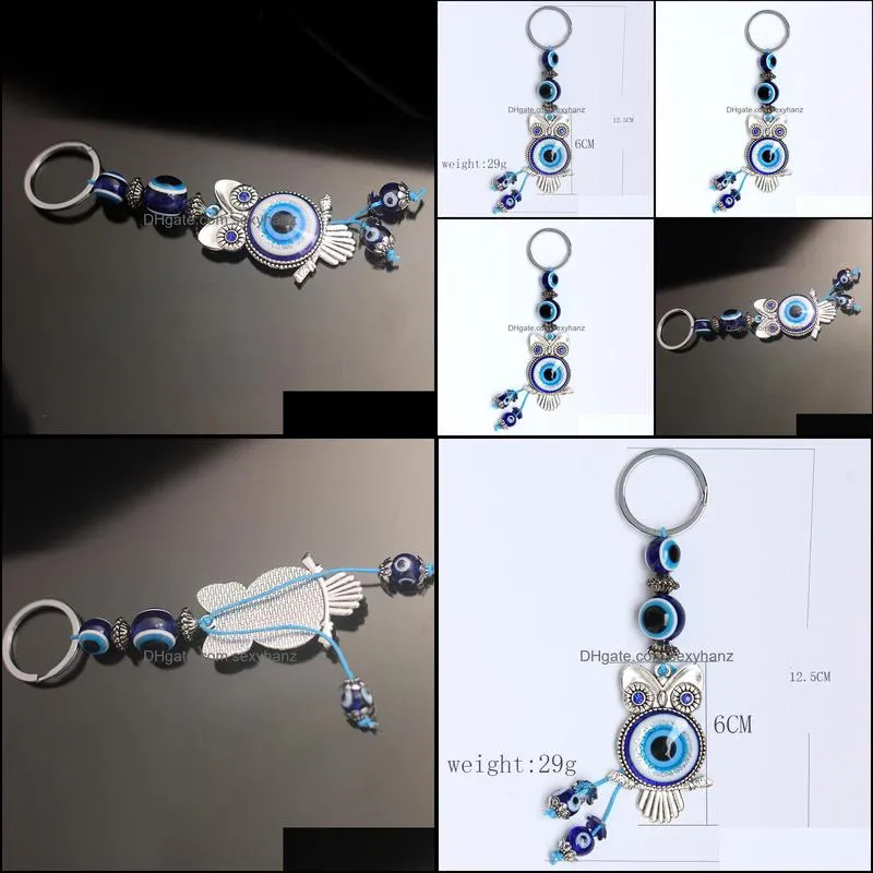 S2301 Fashion Jewelry Turkish Symbol Evil Eye Key Ring Handmade Vintage Owl Keychain