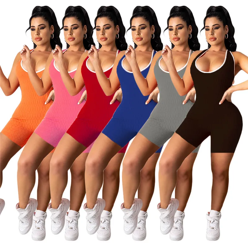 Kvinnor Solid Färg Skinny Rompers Fashion Trend Pineapple Cloth U-Neck Ärmlös Tops Shorts Designer Kvinna Sommar Sport Yoga Casual Jumpsuits