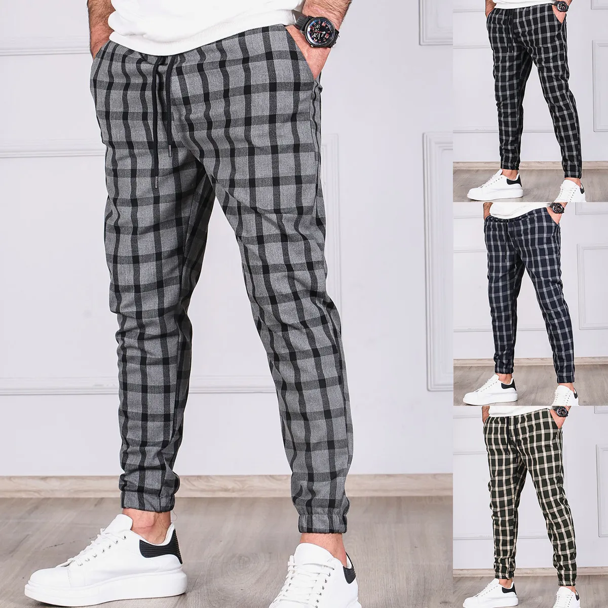 Men's Pants Small Check Striped Drawstring Lace-up Jogging Trousers 5-Color Contrast Casual Pant Regular Pantalettes Patchwork Fashion StreetWear Bottoms